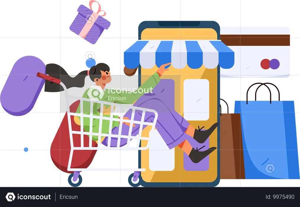 Chica haciendo compras en línea  Ilustración