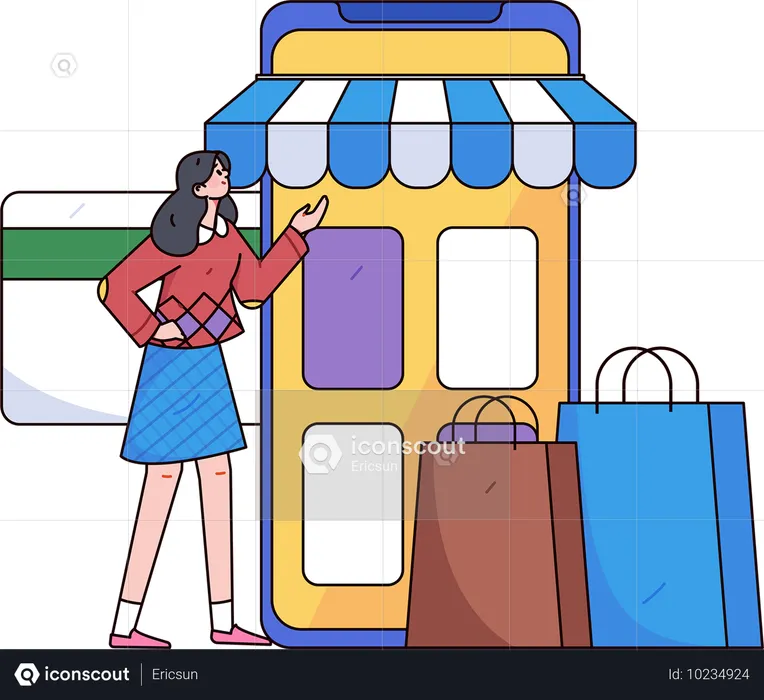 Chica haciendo compras en línea  Ilustración