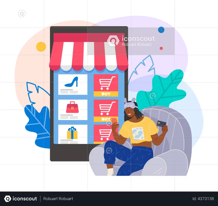 Chica haciendo compras en línea  Ilustración