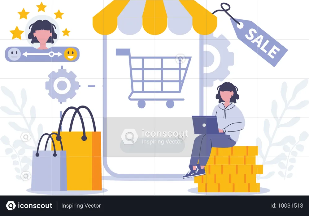 Chica haciendo compras en línea durante la venta de compras  Ilustración