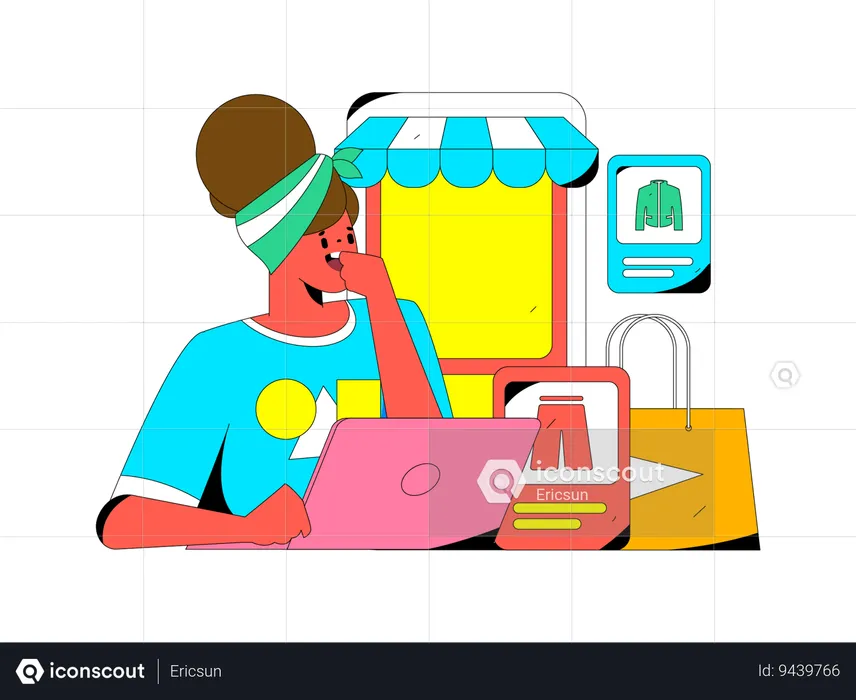 Chica haciendo compras en línea por computadora portátil  Ilustración