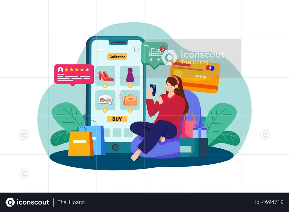 Chica haciendo compras en línea por teléfono inteligente  Ilustración