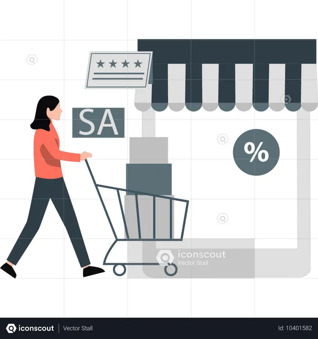 Chica haciendo compras en línea con descuento  Ilustración