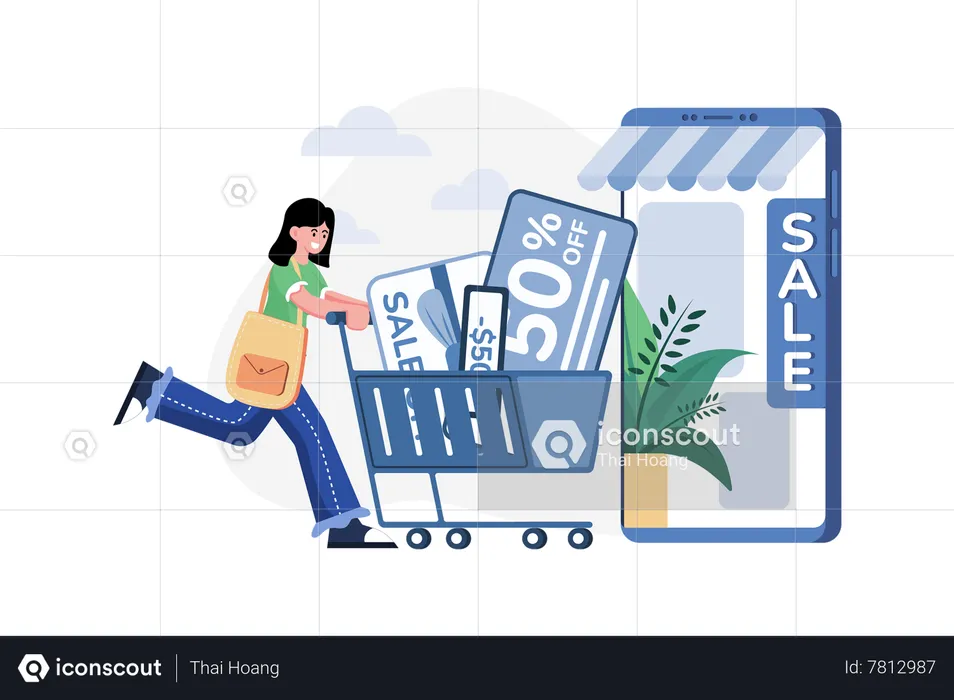 Chica haciendo compras online con descuento  Ilustración