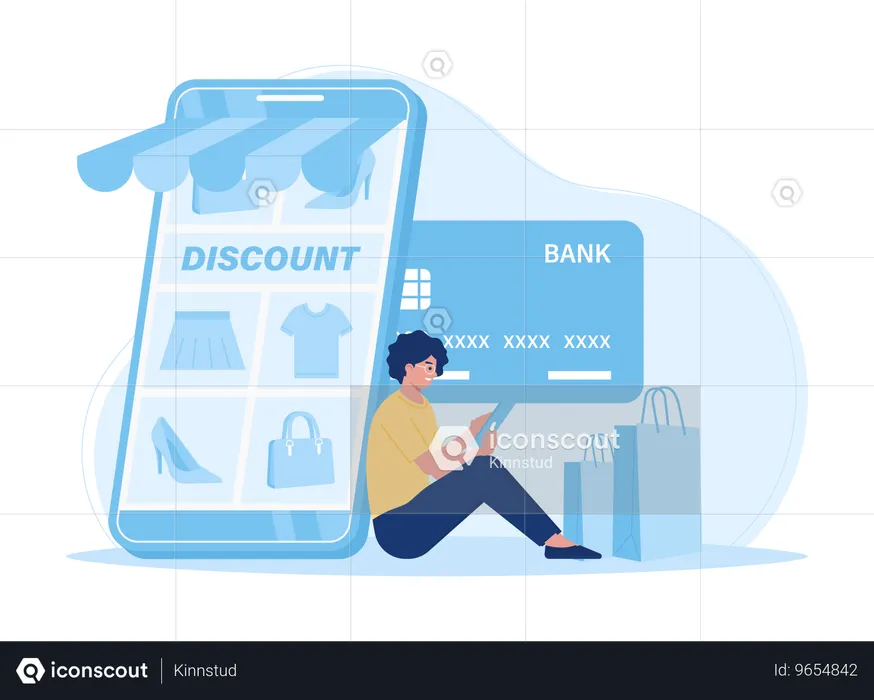 Chica haciendo pago de compras en línea  Ilustración