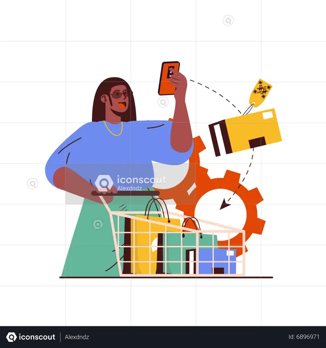 Chica haciendo compras usando el móvil  Ilustración