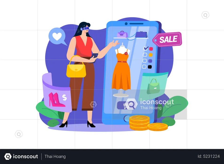 Chica haciendo compras virtuales  Ilustración