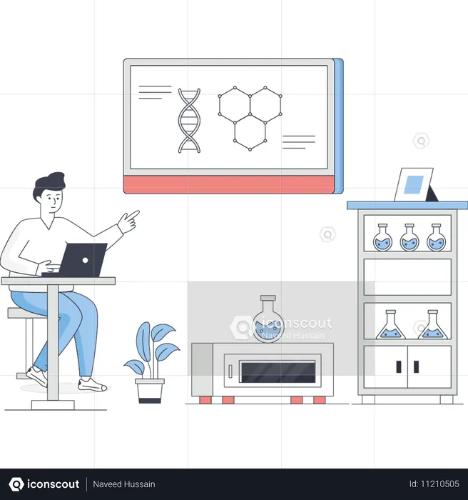 Chica haciendo investigación médica en una computadora portátil  Ilustración