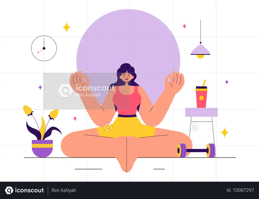 Chica haciendo meditación en casa  Ilustración