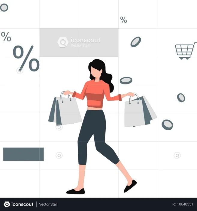 Chica haciendo muchas compras con descuento  Ilustración