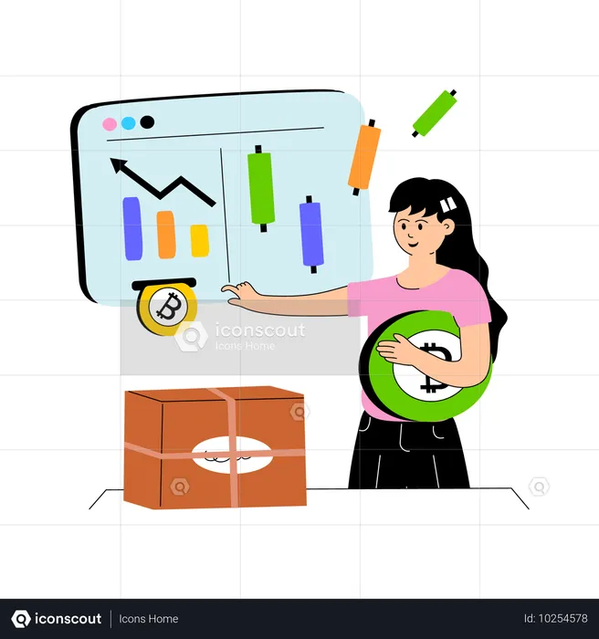 Chica haciendo comercio de Bitcoin  Ilustración