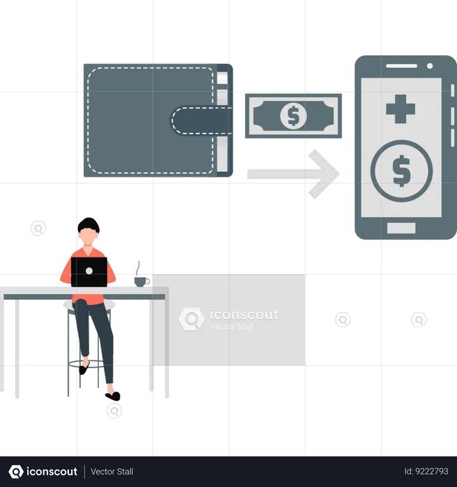 Chica haciendo transferencia de dinero en la computadora portátil  Ilustración