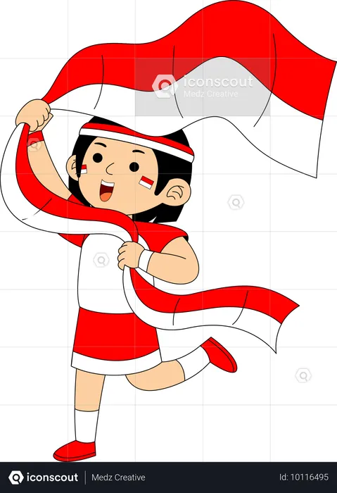 Niña indonesia corriendo con la bandera de Indonesia  Ilustración