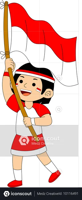 Niña indonesia sosteniendo la bandera de Indonesia  Ilustración