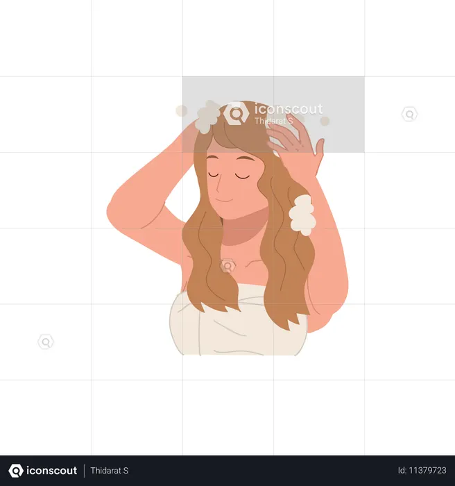 Chica lavando el cabello con champú  Ilustración
