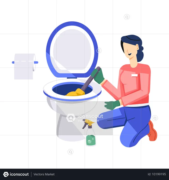 Niña limpiando el inodoro con un limpiador de inodoro  Ilustración
