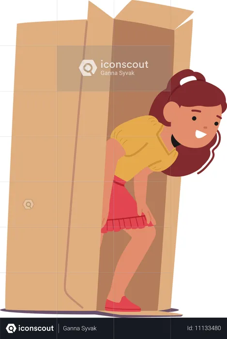 Niña asomándose desde una caja  Ilustración