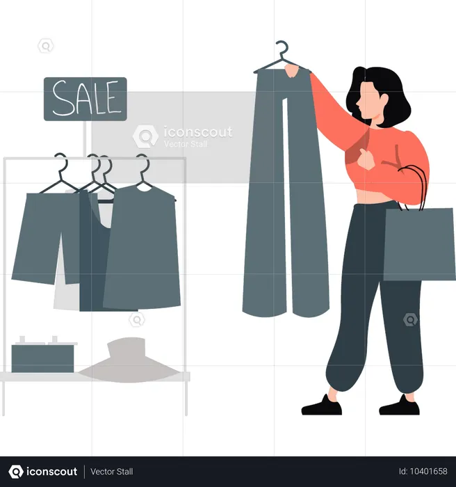 Chica mirando la venta de ropa  Ilustración