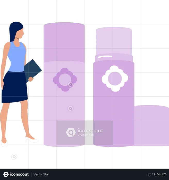 Chica mirando un frasco de prebase de belleza  Ilustración