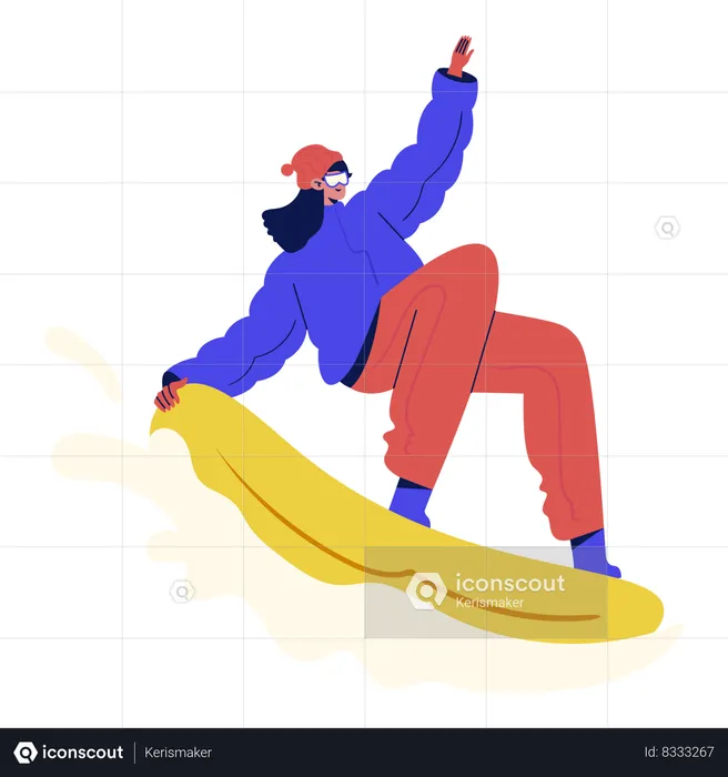 Chica montando snowboard  Ilustración
