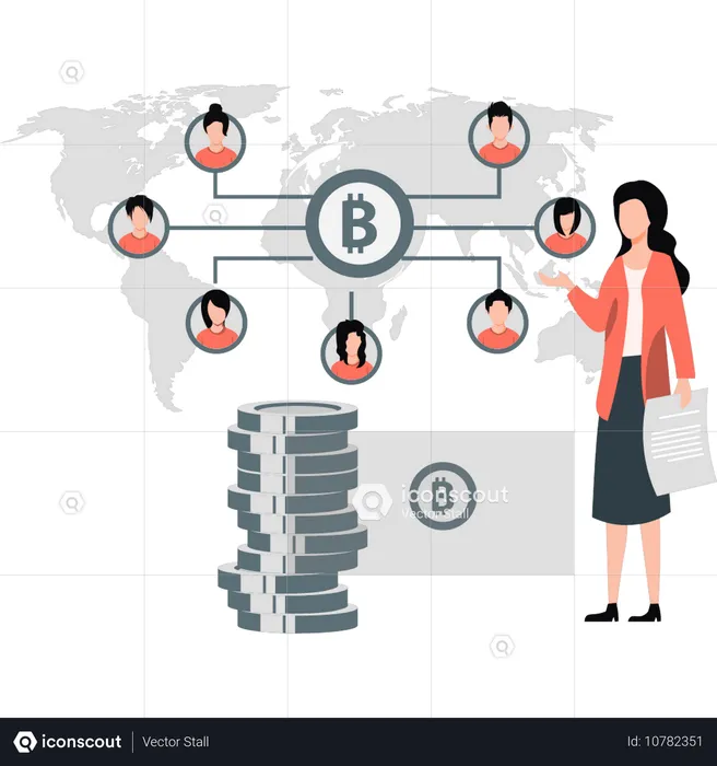 Chica mostrando la red Bitcoin  Ilustración