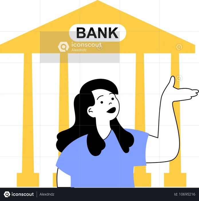 Chica mostrando el banco mientras hace una inversión bancaria  Ilustración