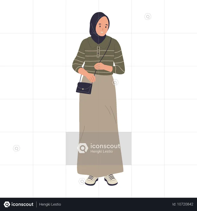 Chica musulmana de pie con vestido hijab  Ilustración