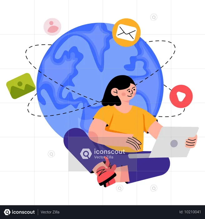 Chica navegando por contenido global en línea  Ilustración