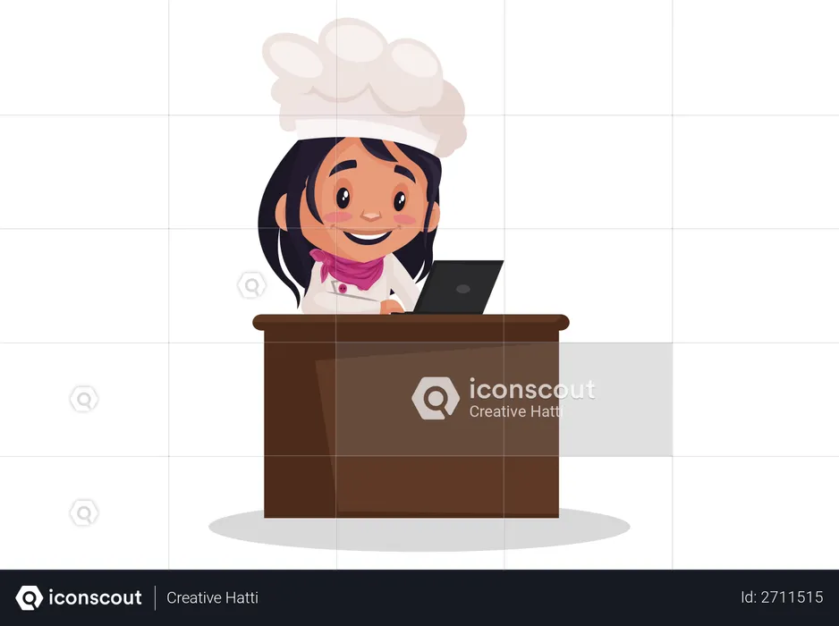 Chica de panadería trabajando en la computadora portátil  Ilustración