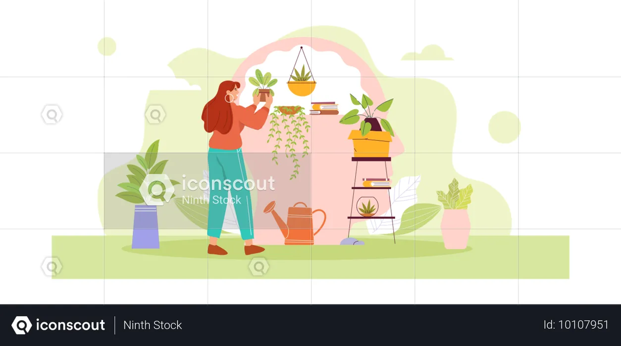 Niña plantando plantas en casa  Ilustración