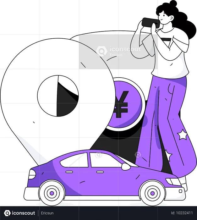 Chica rastreando la ubicación del coche en el móvil  Ilustración