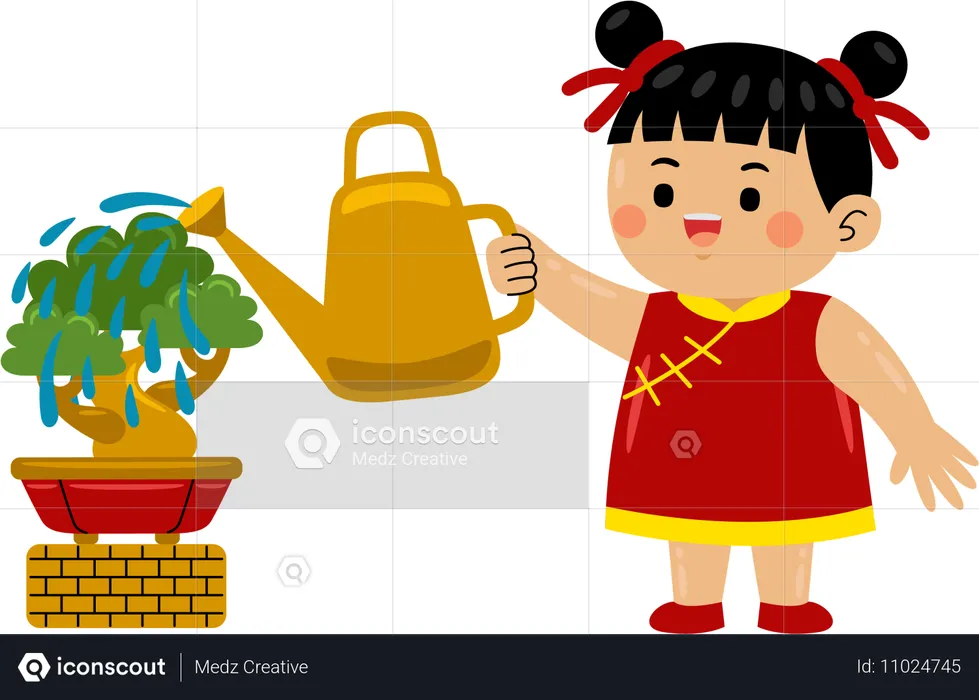 Niña regando una planta china  Ilustración