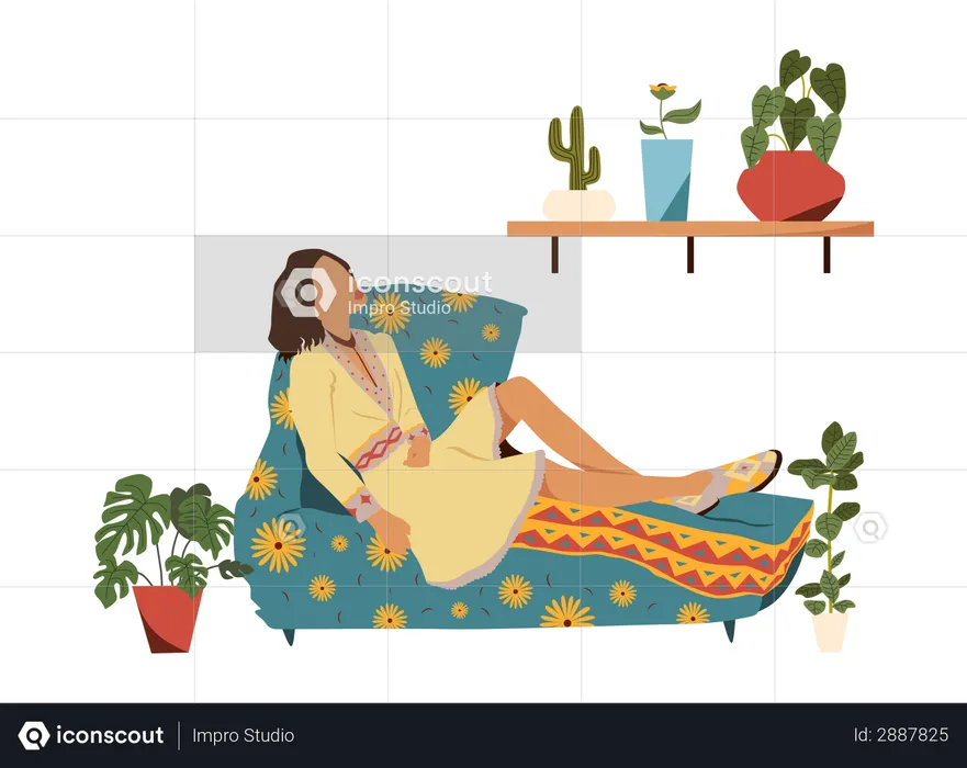 Chica relajándose en el sofá  Ilustración