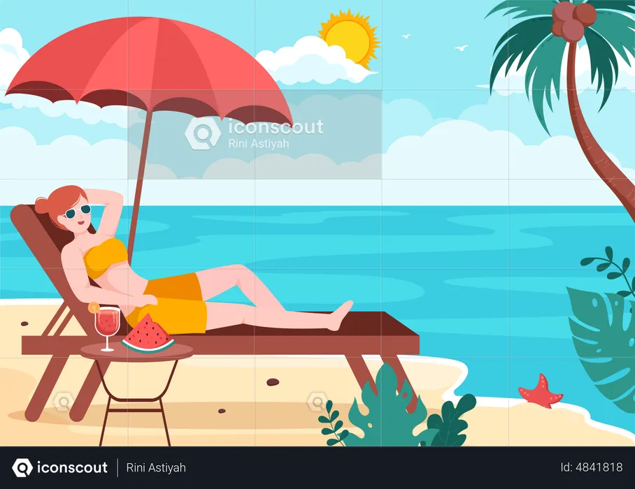 Chica relajándose en la playa  Ilustración