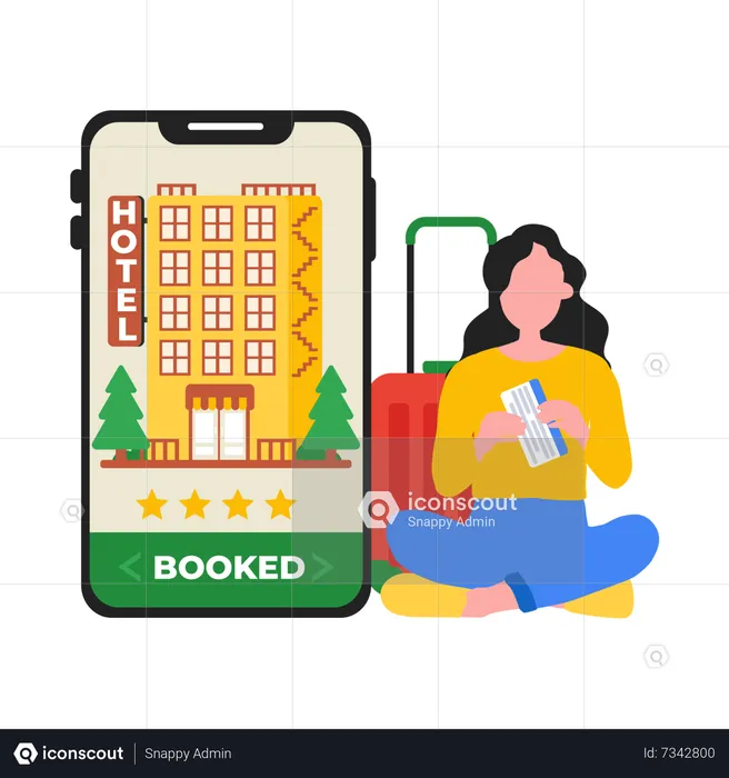Chica reservando hotel en línea  Ilustración