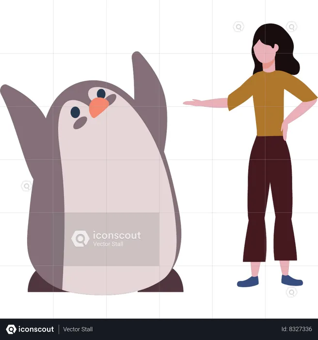 La chica se divierte con el pingüino.  Ilustración