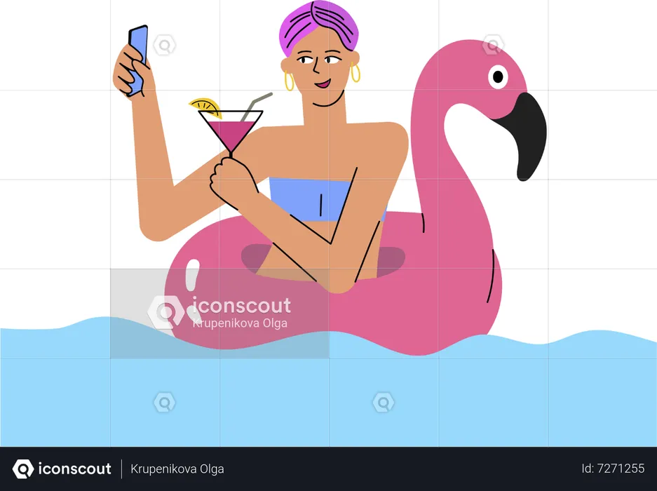 Chica hace selfie con cóctel en la piscina  Ilustración