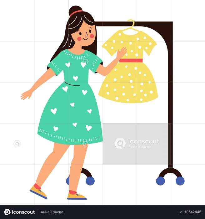 Chica eligiendo vestido en tienda de moda  Ilustración