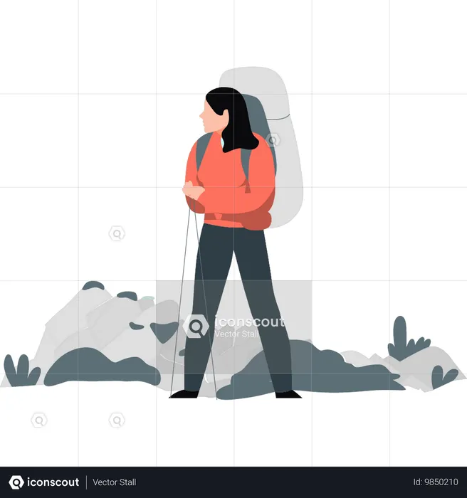 Chica caminando por la montaña mientras se siente sola  Ilustración