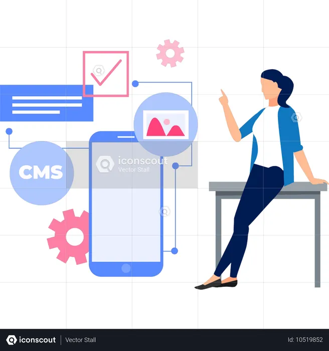 Chica sentada en la mesa y configurando la aplicación CMS  Ilustración