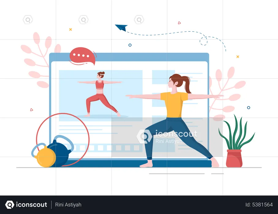 Chica siguiendo instructor de gimnasio en línea  Ilustración