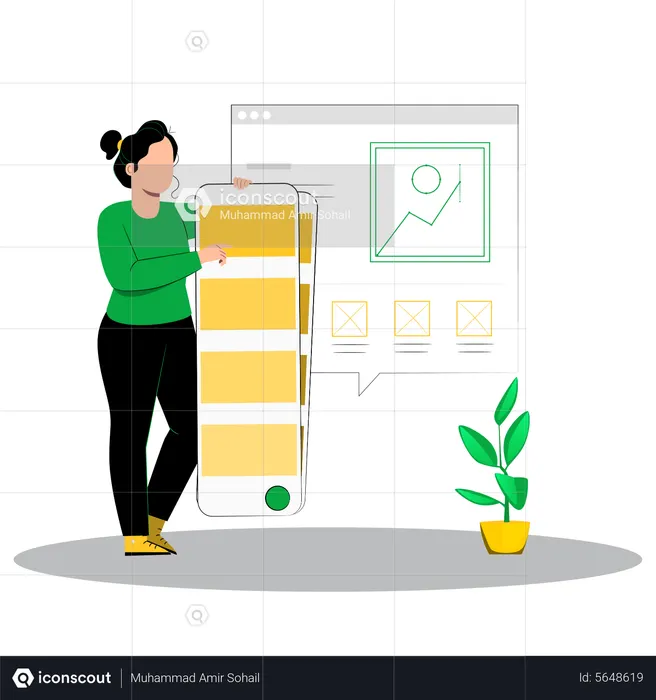Chica sosteniendo paleta de colores en estudio de diseño  Ilustración
