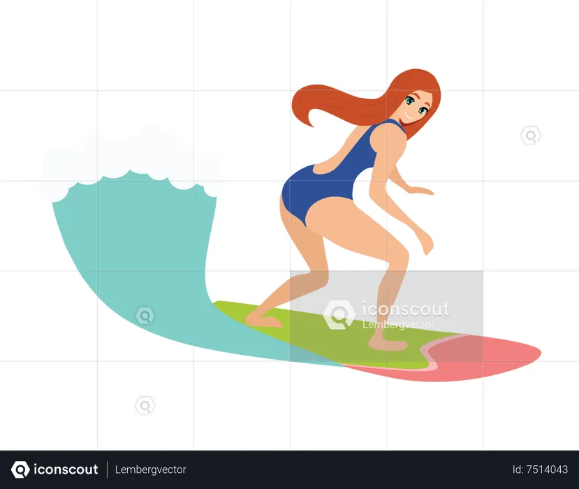 Chica surfeando en la playa  Ilustración