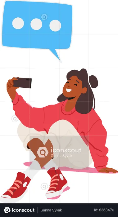 Chica tomando selfie en teléfono móvil  Ilustración