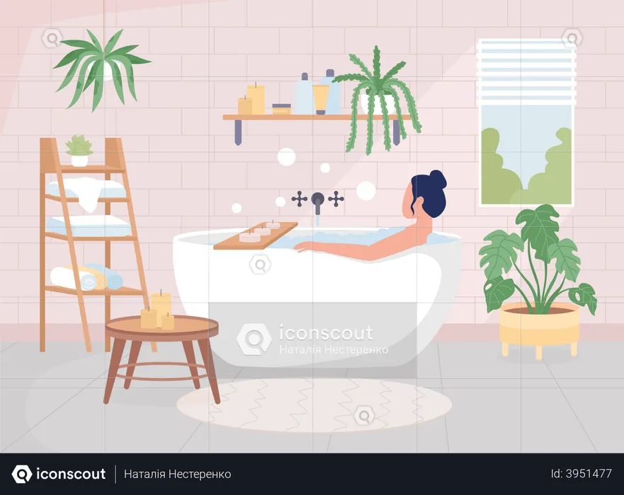 Chica tomando un relajante baño en la bañera.  Ilustración