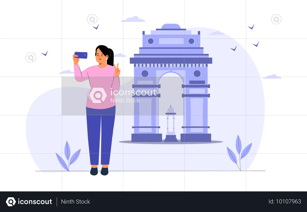 Chica tomándose un selfie con la puerta de la India  Ilustración