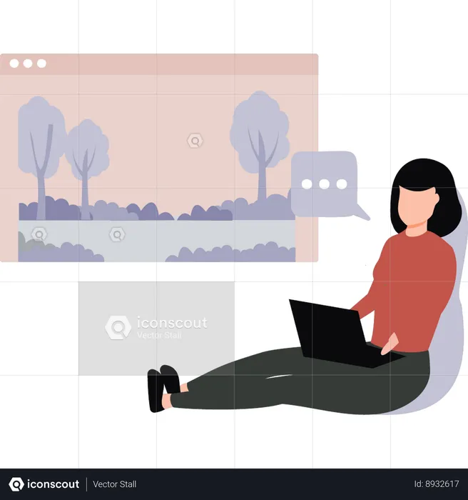 La chica trabaja en línea en casa en una computadora portátil  Ilustración