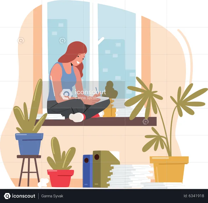 Chica trabajando desde casa  Ilustración