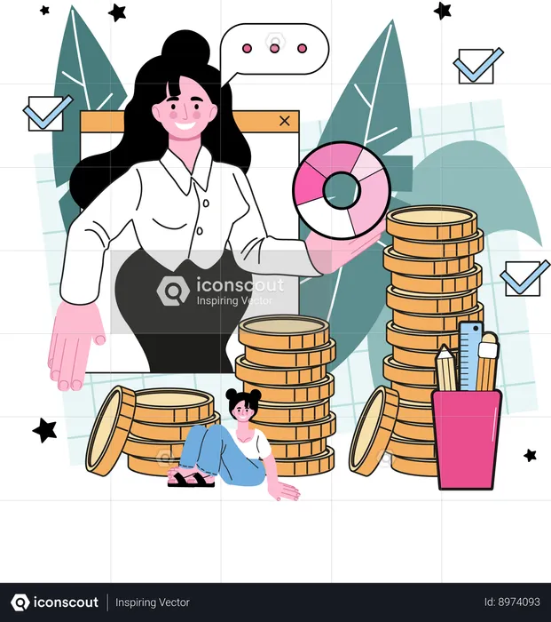 Chica trabajando en análisis financiero  Ilustración