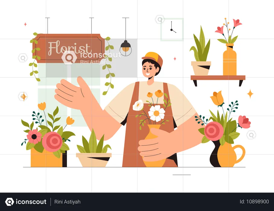 Chica trabajando en floristería  Ilustración